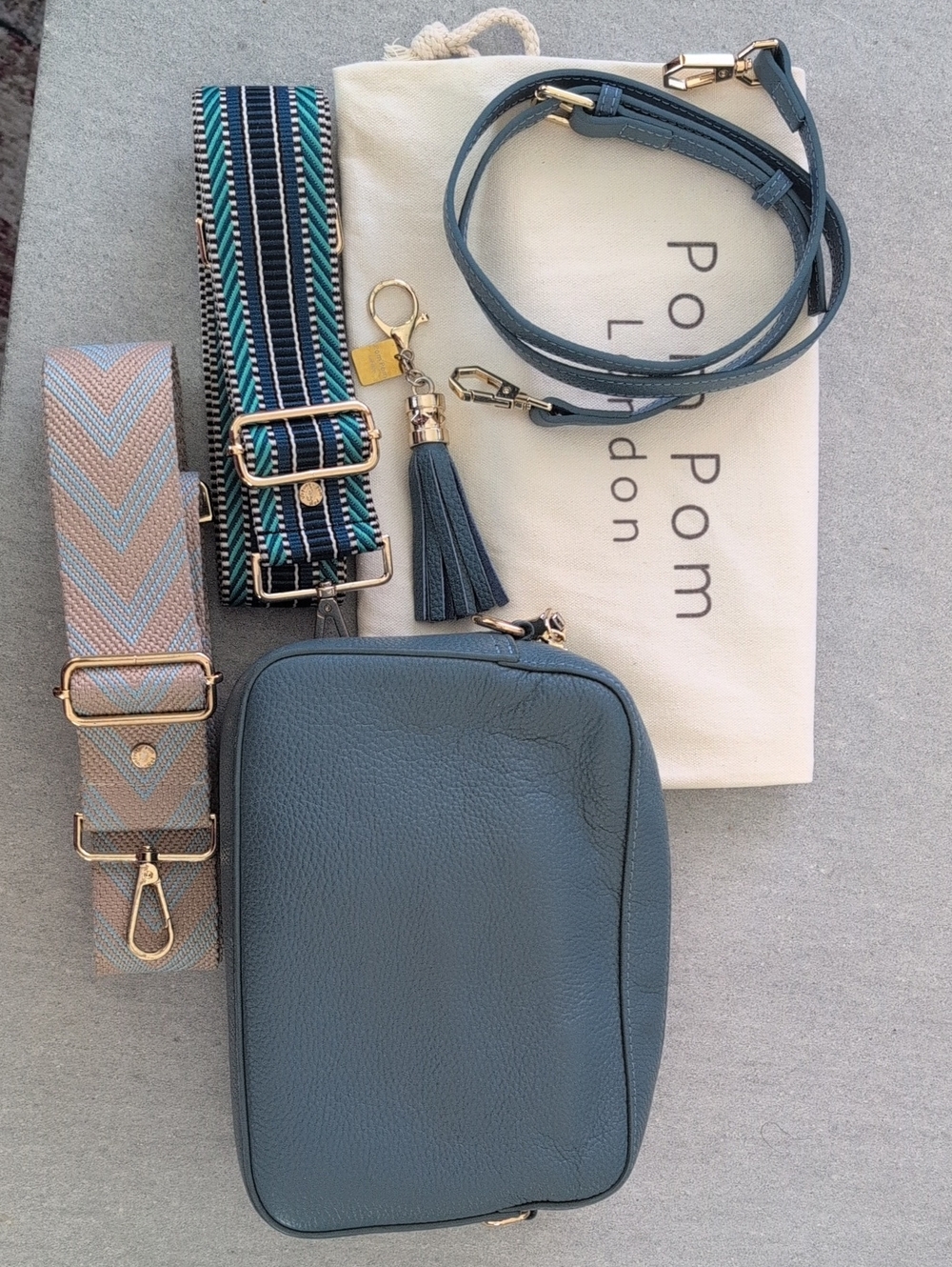 Pom Pom London Crossbody Slate Blue Leather Handbag with 2 Straps and Tassel
